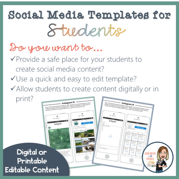 Screenshots of 2 printable Instagram It pages below Social Media templates for students title. Digital or printable editable content text bubble on bottom.