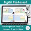 Laptop computer screen showing activity choices slides of Kindergarten Library Orientation Digital Read-aloud Bundle.