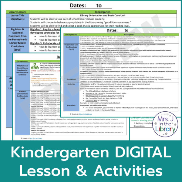 Screenshots showing lesson plan slides of Kindergarten Library Orientation Digital Read-aloud Bundle.