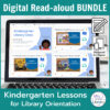 Laptop computer screen showing title slides of Kindergarten Library Orientation Digital Read-aloud Bundle.