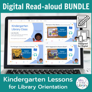 Laptop computer screen showing title slides of Kindergarten Library Orientation Digital Read-aloud Bundle.