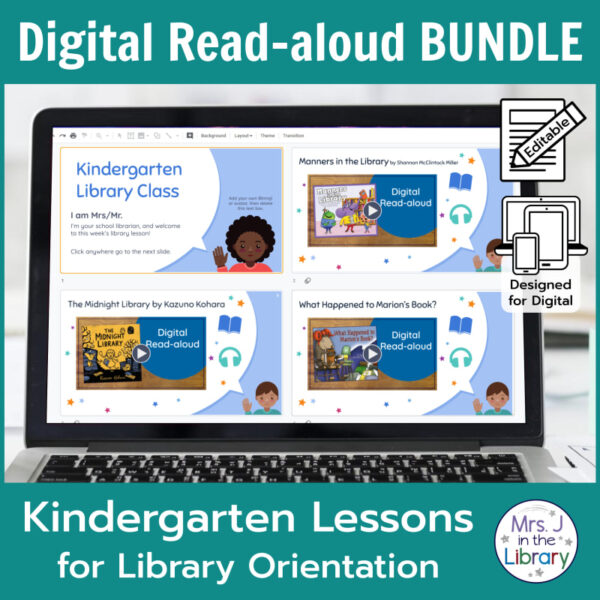 Laptop computer screen showing title slides of Kindergarten Library Orientation Digital Read-aloud Bundle.