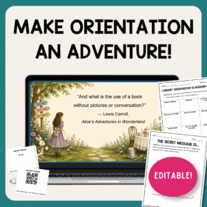 Sample quote slide on laptop with editable scavenger hunt cards and text: Make orientation an adventure!