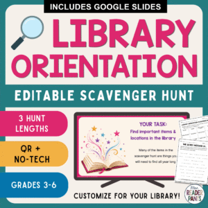 Directions slide on monitor with text: 3 hunt lengths, QR and no-tech, Grades 3-6.