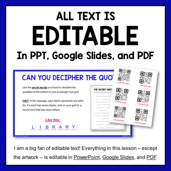 Presentation slide for Can Your Decipher the Quote and 6 QR code cards; All text is editable in PowerPoint, Google Slides, and PDF.