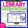 You Will Need slide with 2 printables on side, with text: Library Orientation QR Code Scavenger Hunt, Grades 4-7; Perfect for Back-to-School!