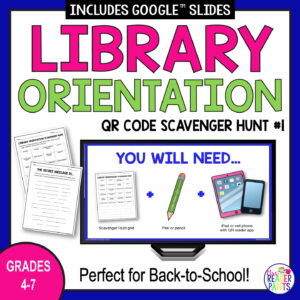 You Will Need slide with 2 printables on side, with text: Library Orientation QR Code Scavenger Hunt, Grades 4-7; Perfect for Back-to-School!