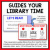 Screenshots of Let's Read and What Should We Do Now slides below Guides Your Library Time title text. The presentation guides library time from start to finish, footer text.