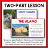 Screenshots of State Flower and The Alamo slides below Two-Part Lesson title text. Each part takes about 25 minutes and can easily be reduced or split into two lessons, footer text.