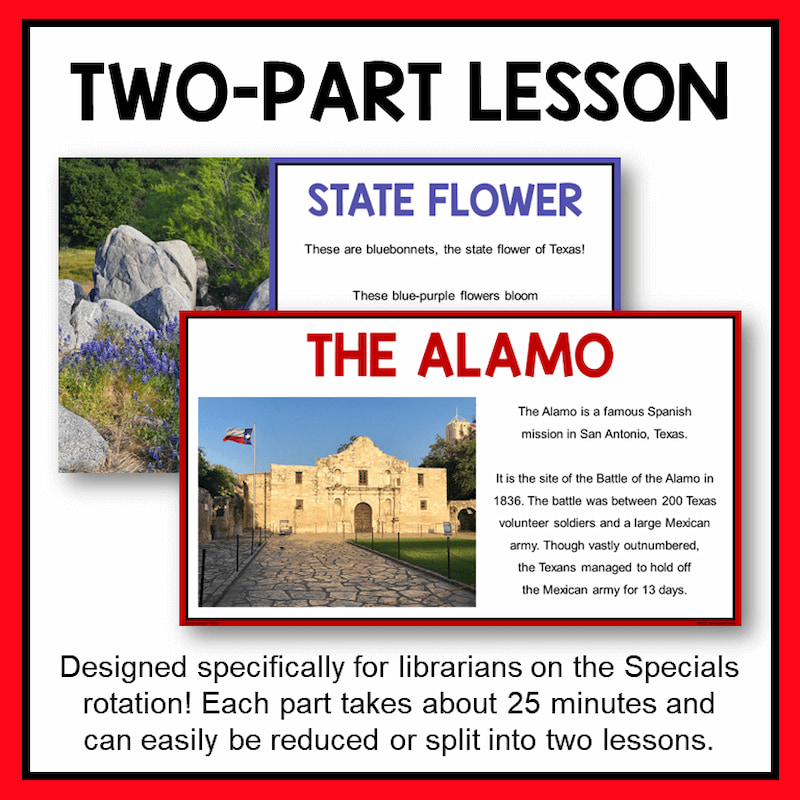 Screenshots of State Flower and The Alamo slides below Two-Part Lesson title text. Each part takes about 25 minutes and can easily be reduced or split into two lessons, footer text.
