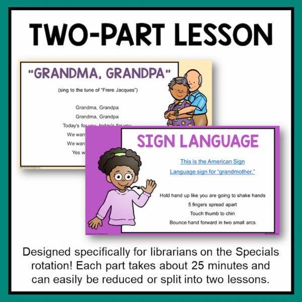 Screenshots of Grandma, Grandpa and Sign Language slides below Two-Part Lesson title text. Each part takes about 25 minutes and can easily be reduced or split into two lessons, footer text.