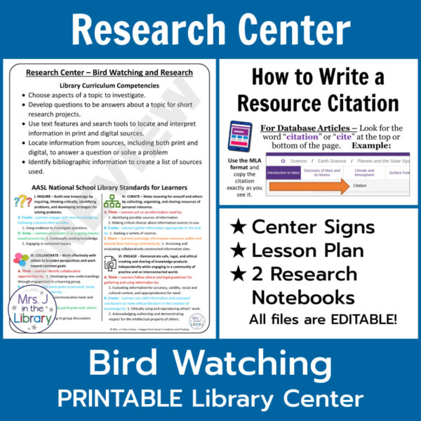 Screenshots of standards, How to Write a Resource Citation help sheet, and contents including Center Signs, Lesson Plan, and 2 Research Notebooks (all files are editable) in Bird Watching and Research Library Center.