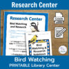 Screenshots of Research Center printable Center Sign and Bird Watching & Research Notebook. Research Center title text above, Bird Watching Printable Library Center footer text below.