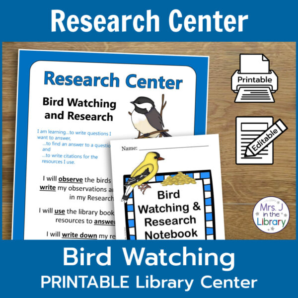 Screenshots of Research Center printable Center Sign and Bird Watching & Research Notebook. Research Center title text above, Bird Watching Printable Library Center footer text below.