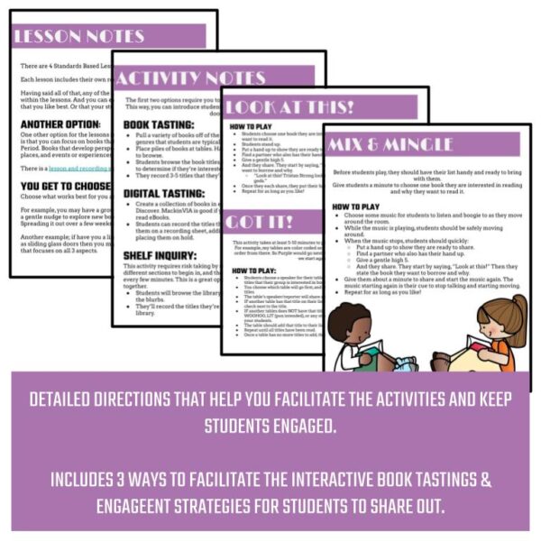 Screenshots of lesson notes, activity notes, and detailed directions for 3 ways to facilitate the activities and keep students engaged.