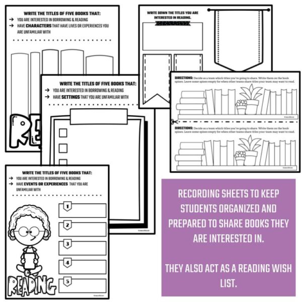 Screenshots of 5 different recording sheets to keep student organized and prepared to share books they are interested in.