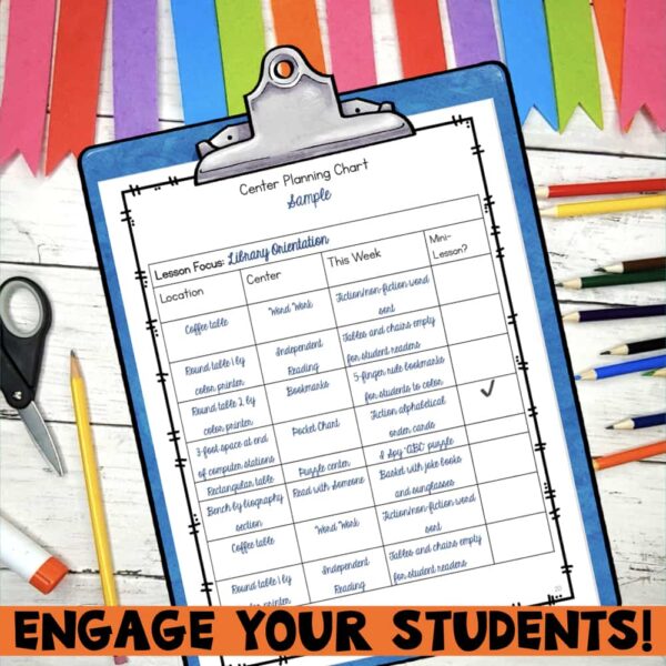 Image of Sample Center Planning Chart on clipboard with Engage Your Students text below.