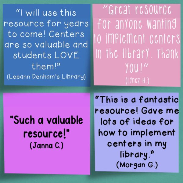 Testimonials on post-it notes from Leeann Denham's Library, Lynez H., Janna C., and Morgan G.