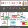 Images of Canva templates for logo, square posts, monthly data posts, and read-alike posters below Branding Kit Bookish Theme Preview title text.