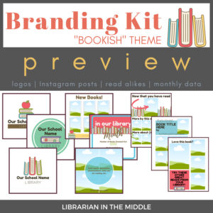 Images of Canva templates for logo, square posts, monthly data posts, and read-alike posters below Branding Kit Bookish Theme Preview title text.