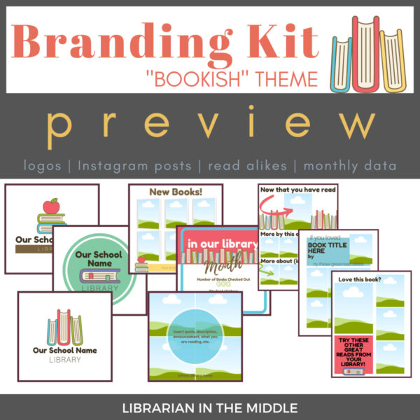 Images of Canva templates for logo, square posts, monthly data posts, and read-alike posters below Branding Kit Bookish Theme Preview title text.