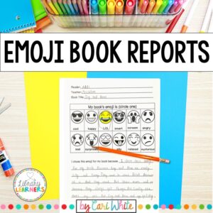 Emoji Book Reports title text above photo of completed My Book's emoji is printable.