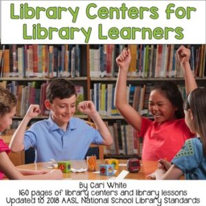 Photo of 4 students cheering at table in library. Library Centers for Library Learners title text above.