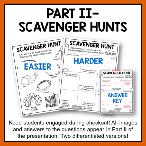 Screenshots of Easier & Harder Scavenger Hunts and Answer Key, below Part II Scavenger Hunts title text. All images and answers to the questions appear in Part II of the presentation, footer text.