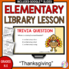 Screenshot of Trivia Question slide on monitor with Recommended Reads and Scavenger Hunt printables on side. Elementary Library Lesson text above, Grades K-5 Thanksgiving text below.