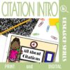 Photo of tablet showing illustration with teacher and smart board with All About Citations slide. Citation Intro along top border of image.