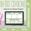 Photo of laptop showing a chart with three columns with headings introduce, cite, and explain, and use these cards to build a ml8 citation along the bottom with descriptive text from Writing for Research Papers & Projects in In-Text Citations Bundle.