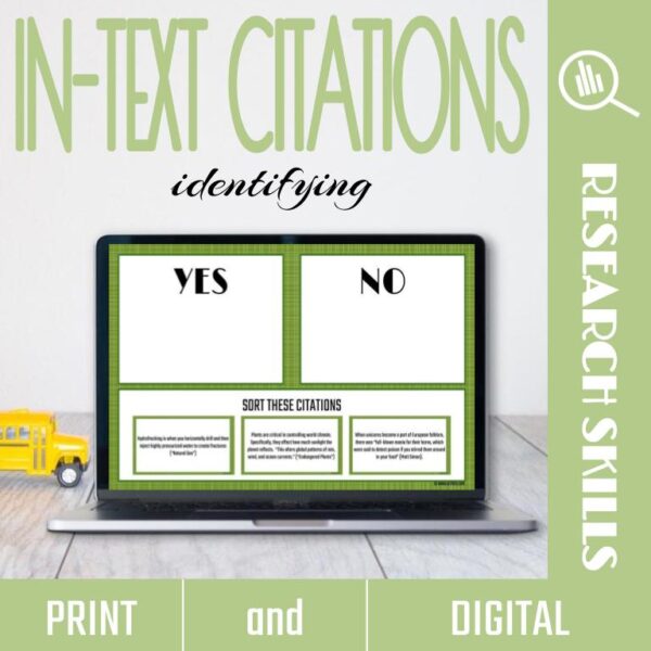 Photo of laptop showing a yes box, a no box, and sort these citations with descriptive text from Identifying Lesson in In-Text Citations Bundle.