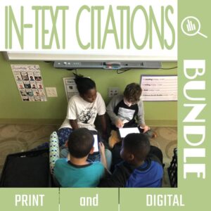 Photo of 4 students sitting on floor below smartboard looking at 2 tablet screens. In-Text Citations Bundle Print and Digital text around border of image.