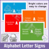 4 versions of biography, everybody, fiction, and graphic novel signs. Text reads Bright colors are easy to change.