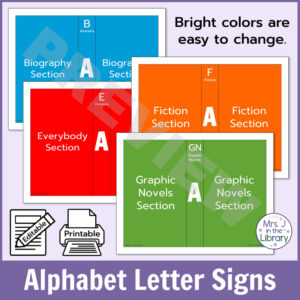 4 versions of biography, everybody, fiction, and graphic novel signs. Text reads Bright colors are easy to change.