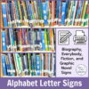 Alphabet letter library signs on shelves. Text reads Biography, Everybody, Fiction, and Graphic Novel Signs.