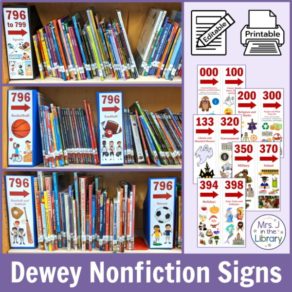 796 nonfiction library signs on shelves with editable and printable icons. Text reads Dewey Nonfiction Signs.