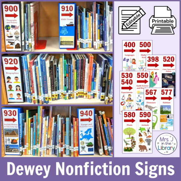 900's nonfiction library signs on shelves with editable and printable icons. Text reads Dewey Nonfiction Signs.