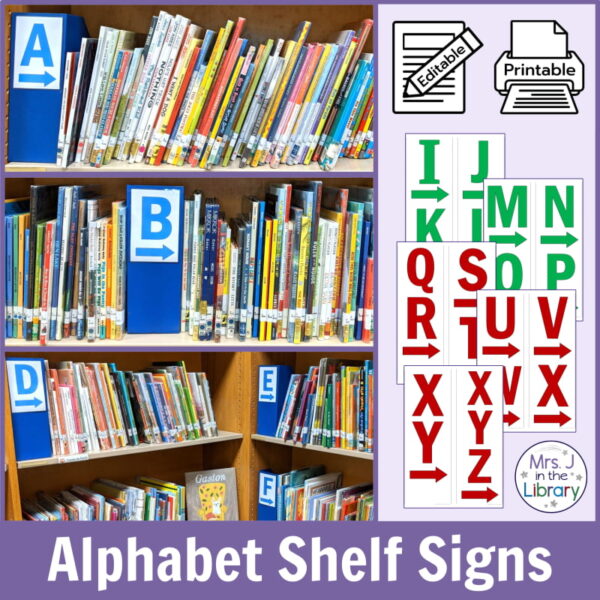 English alphabet letter signs on library shelves with editable and printable icons. Alphabet Shelf Signs text box on bottom.