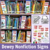 599 nonfiction library signs on shelves with editable and printable icons. Text reads Dewey Nonfiction Signs.
