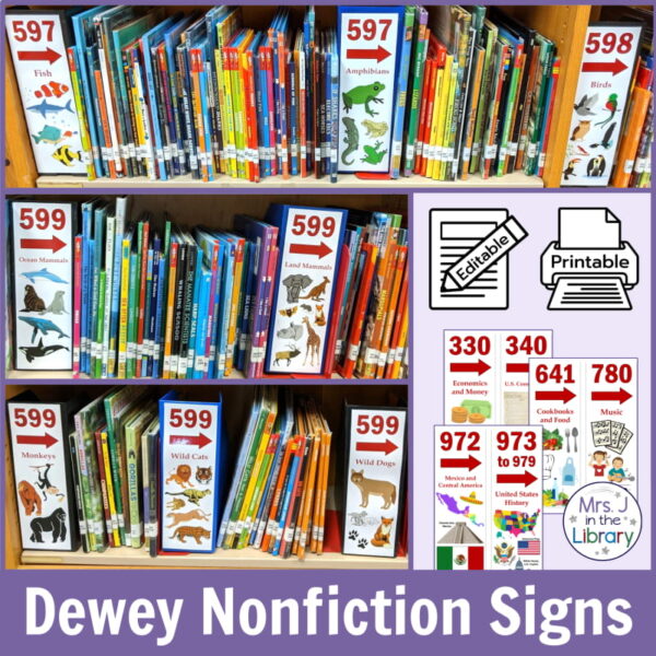 599 nonfiction library signs on shelves with editable and printable icons. Text reads Dewey Nonfiction Signs.