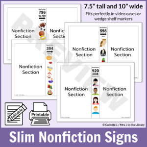 4 nonfiction Dewey signs. Text reads 7.5 inches tall and 10 inches wide, fits perfectly in video cases or wedge shelf markers.