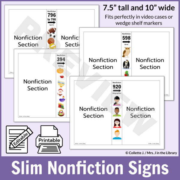 4 nonfiction Dewey signs. Text reads 7.5 inches tall and 10 inches wide, fits perfectly in video cases or wedge shelf markers.