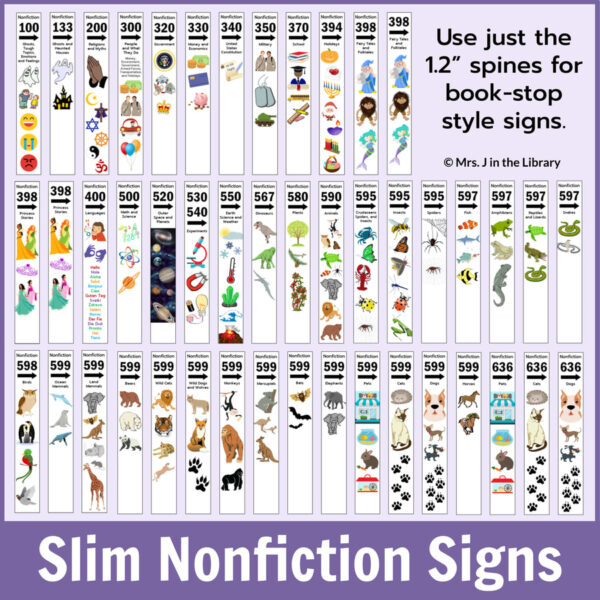 Slim Dewey nonfiction signs from 100 to 599. Use just 1.2-inch spines for book-stop style signs in text box.