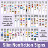 Screenshot thumbnails of slim nonfiction signs for 636-994. Option to remove the nonfiction label for 398 and 800s label, blank template also included label and Mrs. J in the Library logo on image.