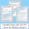 3 screenshots of lesson printables. Complete lesson plan and info about the Newbery Award in text box.