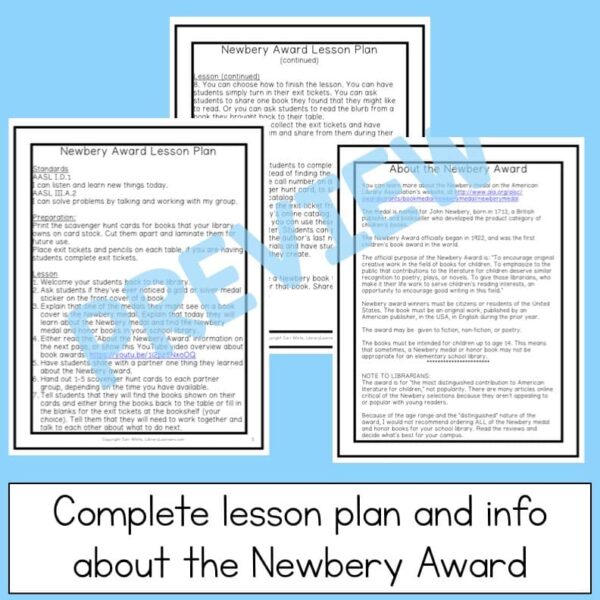 3 screenshots of lesson printables. Complete lesson plan and info about the Newbery Award in text box.