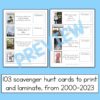Screenshots of 2 printables. 103 scavenger hunt cards to print and laminate, from 2000-2023 in text box.