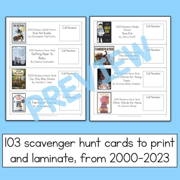 Screenshots of 2 printables. 103 scavenger hunt cards to print and laminate, from 2000-2023 in text box.