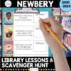 Hand with pencil filling out printable on clipboard. Newbery 2000-2023 text on top, Library Lessons & Scavenger Hunt text below.